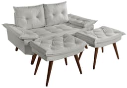 Sofá Namoradeira Bariloche 2 Lugares + 2 banquetas Rubi Courino Gelo Couro Sintetico Essencial Estofados