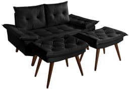 Sofá Namoradeira Bariloche 2 Lugares + 2 banquetas Rubi Courino Preto Couro Sintetico Essencial Estofados