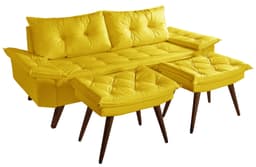 Sofa Bariloche 3 Lugares + 2 banquetas Retro Courino Amarelo Couro Sintetico Essencial Estofados
