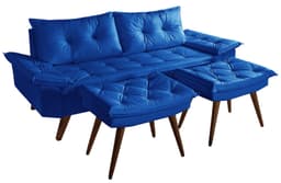 Sofa Bariloche 3 Lugares + 2 banquetas Retro Courino Azul Marinho Couro Sintetico Essencial Estofados
