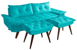 Sofa Bariloche 3 Lugares + 2 banquetas Retro Courino Azul Turquesa Couro Sintetico Essencial Estofados