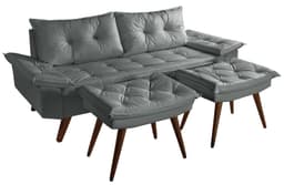 Sofa Bariloche 3 Lugares + 2 banquetas Retro Courino Cinza Couro Sintetico Essencial Estofados