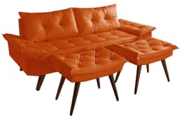 Sofa Bariloche 3 Lugares + 2 banquetas Retro Courino Laranja Couro Sintetico Essencial Estofados
