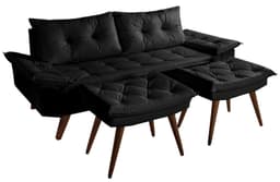 Sofa Bariloche 3 Lugares + 2 banquetas Retro Courino Preto Couro Sintetico Essencial Estofados