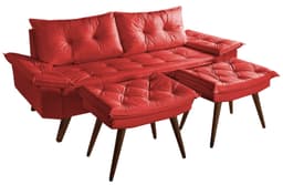 Sofa Bariloche 3 Lugares + 2 banquetas Retro Courino Vermelho Couro Sintetico Essencial Estofados