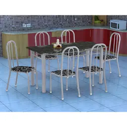 Conjunto de Mesa Granada com 6 Cadeiras Madri Prata e Preto Floral GR