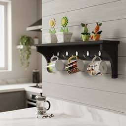 Prateleira Cabideiro Suporte Porta Canecas Utensílios de Cozinha Mochilas Bolsas - Preto Laca