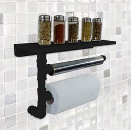 Suporte de Parede Porta Papel Toalhas e Prateleira para Temperos Cozinha Estilo Industrial Preto Laca