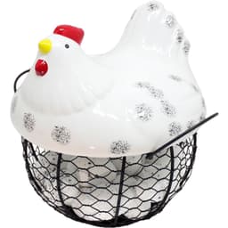 Cesto Galinha Porta Ovos Cerâmica Decorativo 12 Ovos Branco