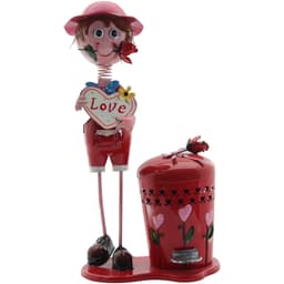 Decoração Enfeite Boneco Escultura de Metal com Lixeira de Pedal Menino Rosa 72cm
