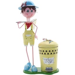 Decoração Enfeite Boneco Escultura em Metal com Lixeira Pedal Menino Amarelo 72cm