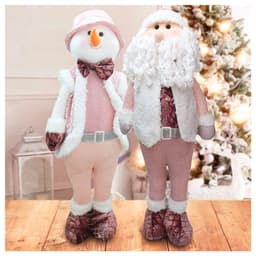 Dupla Boneco Natalino Papai Noel e Boneco De Neve Rosa