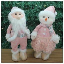 Dupla Boneco Natalino Papai Noel e Boneco De Neve Rosa