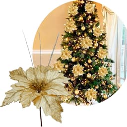 Flores Brilhantes Dourada Decoração Natal De 40cm Kit 4pçs