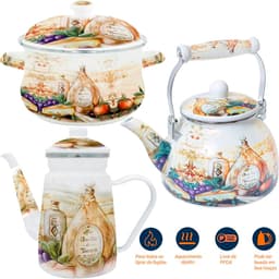 Trio Panela Chaleira Bule Italy Esmaltados À Indução Vintage