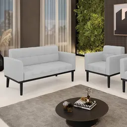 Conjunto Poltrona e Namoradeira Decorativa Karen Pés Fixo em Madeira Preto Linho Cinza G19 - Gran Belo