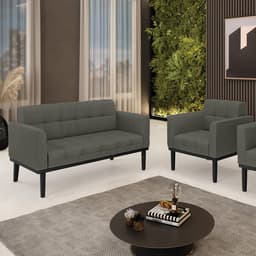 Conjunto Poltrona e Namoradeira Decorativa Karen Pés Fixo em Madeira Preto Linho Cinza Mesclado G19 - Gran Belo