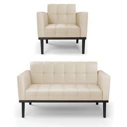 Conjunto Poltrona e Namoradeira Decorativa Karen Pés Fixo em Madeira Preto PU Bege G19 - Gran Belo