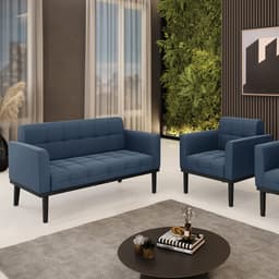 Conjunto Poltrona e Namoradeira Decorativa Karen Pés Fixo em Madeira Preto Suede Azul Marinho G19 - Gran Belo
