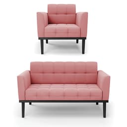 Conjunto Poltrona e Namoradeira Decorativa Karen Pés Fixo em Madeira Preto Suede Rose G19 - Gran Belo