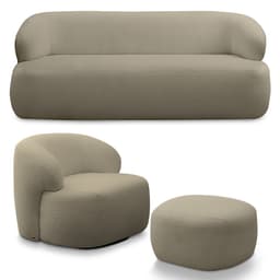 Conjunto Sala de Estar Decorativo Charlote 1 Poltrona Namoradeira 150cm 1 Poltrona Base Giratória em Aço com Puff Bouclê Nude G88 - Gran Belo