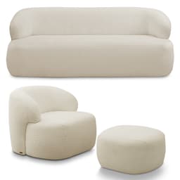 Conjunto Sala de Estar Decorativo Charlote 1 Sofá 180cm 2 Lugares 1 Poltrona Base Fixa com Puff Bouclê Bege G88 - Gran Belo