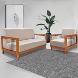 Conjunto Sofá Namoradeira e Poltrona Sala de Estar Pés Madeira Maciça Corda Náutica Preta Manila Linho Areia Rústico G63 - Gran Belo