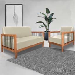 Conjunto Sofá Namoradeira e Poltrona Sala de Estar Pés Madeira Maciça Corda Náutica Preta Manila PU Bege G63 - Gran Belo