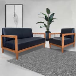 Conjunto Sofá Namoradeira e Poltrona Sala de Estar Pés Madeira Maciça Corda Náutica Preta Manila PU Preto G63 - Gran Belo