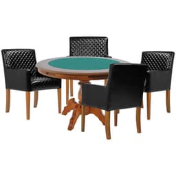 Mesa de Jogos Carteado Redonda Montreal Tampo Reversível Amêndoa com 4 Cadeiras Liverpool Corino Preto Matelassê - Gran Belo