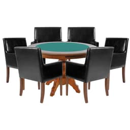 Mesa de Jogos Carteado Redonda Montreal Tampo Reversível Amêndoa com 6 Cadeiras Liverpool PU Preto Liso G36 G15 - Gran Belo