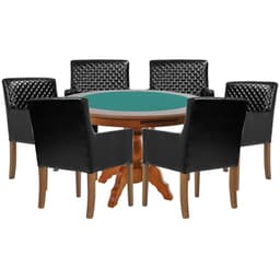 Mesa de Jogos Carteado Redonda Montreal Tampo Reversível Amêndoa com 6 Cadeiras Liverpool PU Preto Matelassê G36 G15 - Gran Belo
