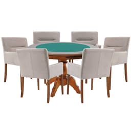 Mesa de Jogos Carteado Redonda Montreal Tampo Reversível Amêndoa com 6 Cadeiras Vicenza Nude G36 G15 - Gran Belo