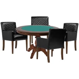 Mesa de Jogos Carteado Redonda Montreal Tampo Reversível Imbuia com 4 Cadeiras Liverpool PU Sintético Preto Matelassê G36 G15 - Gran Belo