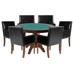Mesa de Jogos Carteado Redonda Montreal Tampo Reversível Imbuia com 6 Cadeiras Liverpool Corino Preto Liso G36 G15 - Gran Belo