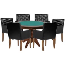 Mesa de Jogos Carteado Redonda Montreal Tampo Reversível Imbuia com 6 Cadeiras Liverpool Corino Preto Matelassê G36 G15 - Gran Belo