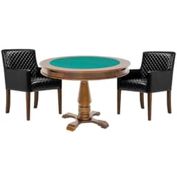 Mesa de Jogos Carteado Victoria Redonda Tampo Reversível Amêndoa com 2 Cadeiras Liverpool PU Preto Matelassê G36 G15 - Gran Belo