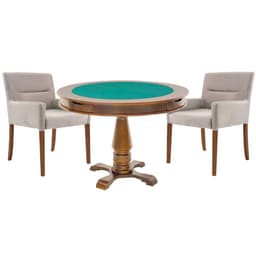 Mesa de Jogos Carteado Victoria Redonda Tampo Reversível Amêndoa com 2 Cadeiras Vicenza Suede Nude G36 G15 - Gran Belo
