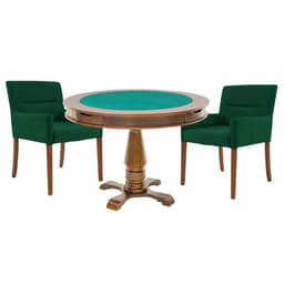 Mesa de Jogos Carteado Victoria Redonda Tampo Reversível Amêndoa com 2 Cadeiras Vicenza Suede Verde G36 G15 - Gran Belo