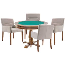 Mesa de Jogos Carteado Victoria Redonda Tampo Reversível Amêndoa com 4 Cadeiras Vicenza Suede Nude G36 G15 - Gran Belo