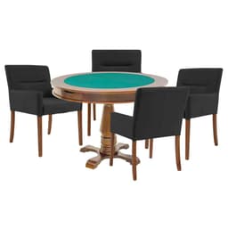 Mesa de Jogos Carteado Victoria Redonda Tampo Reversível Amêndoa com 4 Cadeiras Vicenza Suede Preto Fosco G36 G15 - Gran Belo