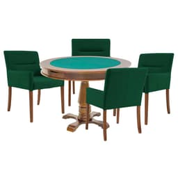 Mesa de Jogos Carteado Victoria Redonda Tampo Reversível Amêndoa com 4 Cadeiras Vicenza Suede Verde G36 G15 - Gran Belo