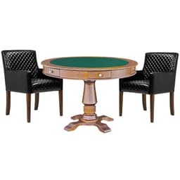 Mesa de Jogos Carteado Victoria Redonda Tampo Reversível Amêndoa com Kit 2 Cadeiras Liverpool PU Preto Matelassê - Gran Belo