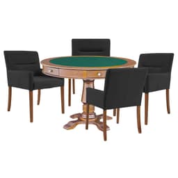 Mesa de Jogos Carteado Victoria Redonda Tampo Reversível Amêndoa com Kit 4 Cadeiras Vicenza Suede Preto Fosco G36 G15 - Gran Belo