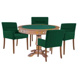Mesa de Jogos Carteado Victoria Redonda Tampo Reversível Amêndoa com Kit 4 Cadeiras Vicenza Suede Verde - Gran Belo