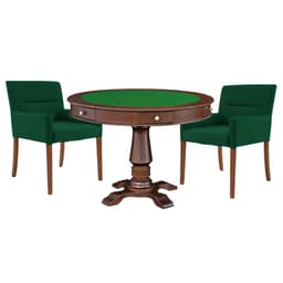 Mesa de Jogos Carteado Victoria Redonda Tampo Reversível Imbuia com Kit 2 Cadeiras Vicenza Suede Verde - Gran Belo