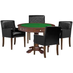 Mesa de Jogos Carteado Victoria Redonda Tampo Reversível Imbuia com Kit 4 Cadeiras Liverpool PU Preto Matelassê G36 G15 - Gran Belo