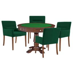 Mesa de Jogos Carteado Victoria Redonda Tampo Reversível Imbuia com Kit 4 Cadeiras Vicenza Suede Verde G36 G15 - Gran Belo