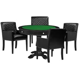 Mesa de Jogos Carteado Victoria Redonda Tampo Reversível Preto com Kit 4 Cadeiras Liverpool PU Preto Matelassê - Gran Belo