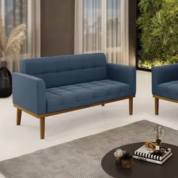 Poltrona Namoradeira Decorativa Karen Pés Fixo em Madeira Castanho Suede Azul Marinho G19 - Gran Belo